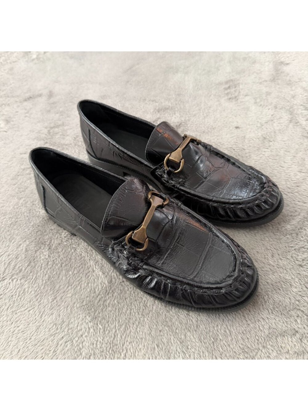 Schutz Evereve Yasmina Croc Embossed Black Leather Penny Loafers 8 Shoes - Picture 1 of 6